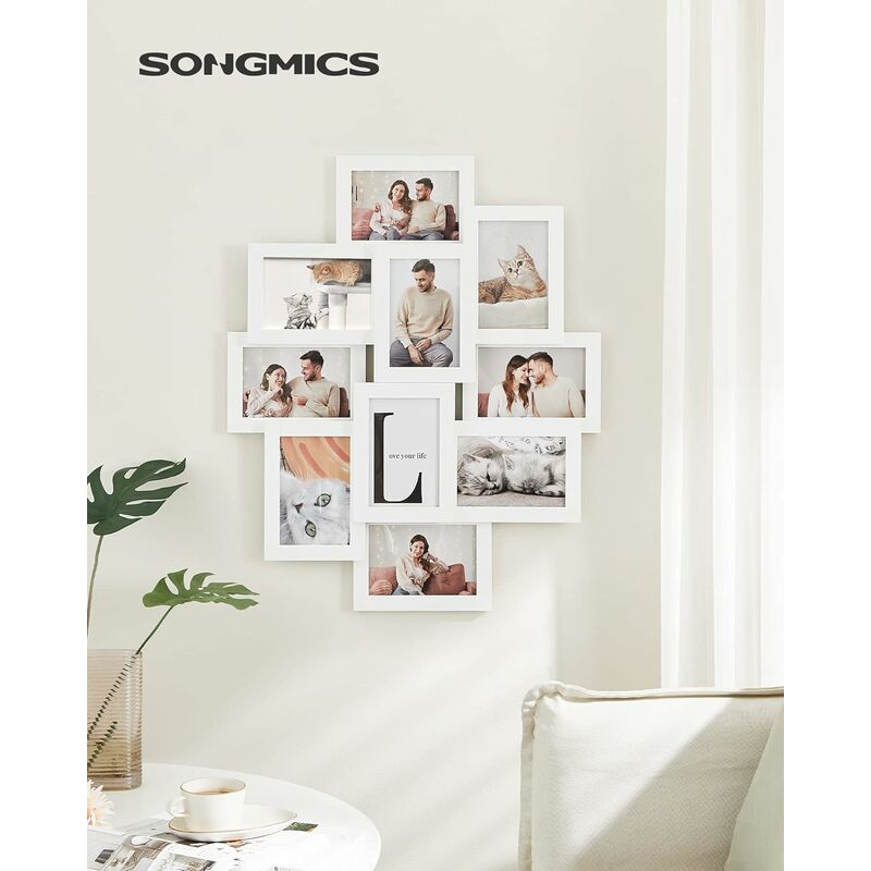 foto del prodotto cornici foto con 10 posti, 10 x 15 cm per ogni foto, cornici foto collage, da montare, mdf bianco songmics