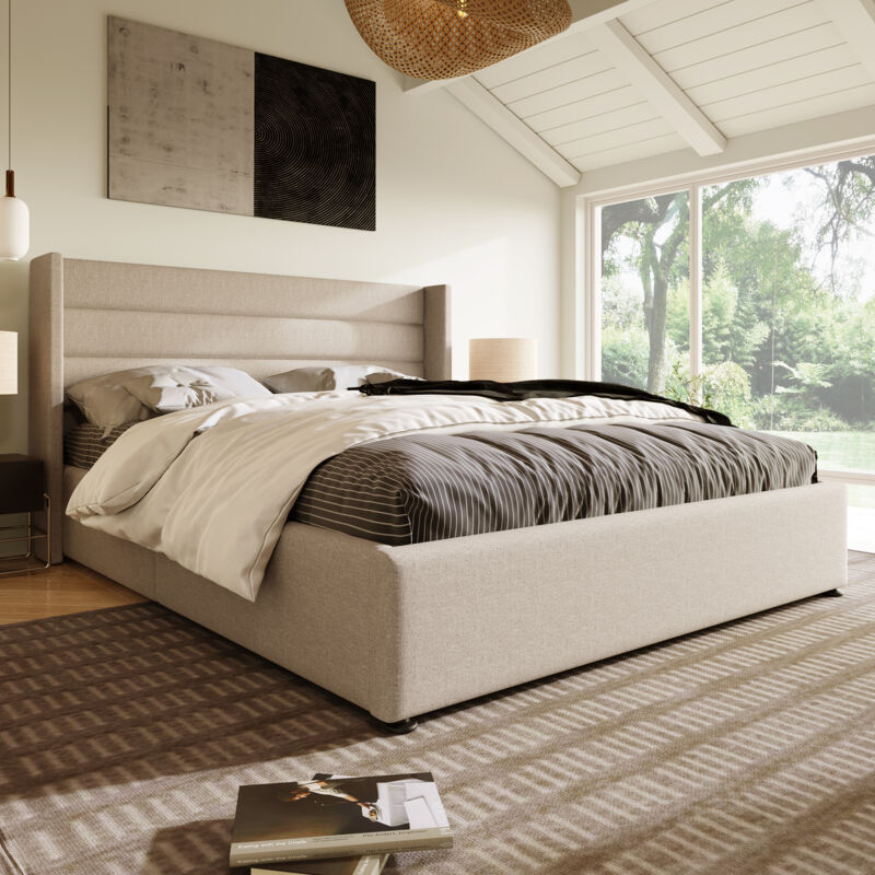 foto del prodotto letto contenitore 160x200 cm, letto per adulti, letto imbottito beige con rete a doghe, lino, senza materasso, senza base