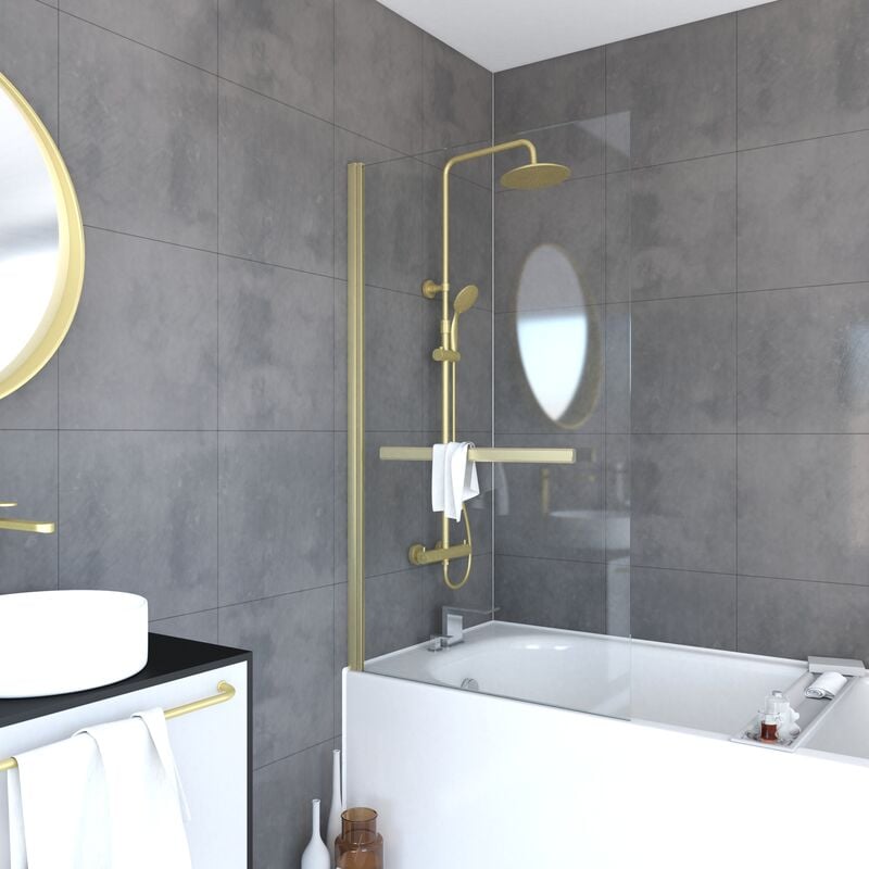 foto del prodotto parete vasca ribaltabile con portasciugamani 85x150cm oro spazzolato vetro 6mm tshape goldy