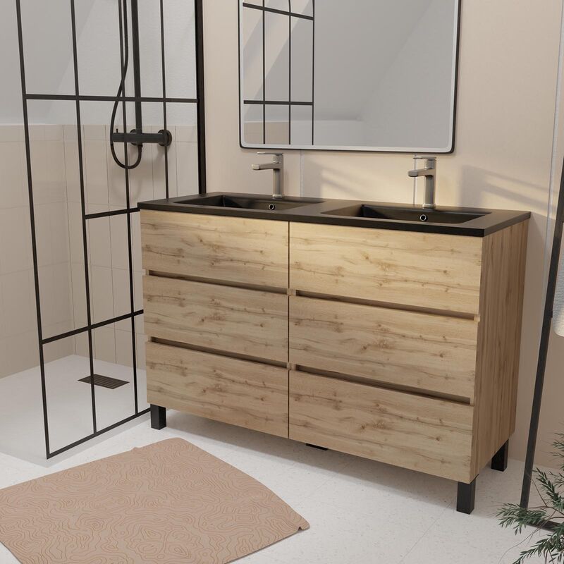 foto del prodotto aurlane mobile bagno da 120 cm 6 casseti rovere naturale lavabo doppio ceramica nera timber