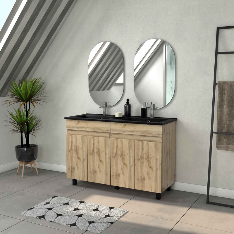 foto del prodotto aurlane mobile da bagno 120cm con 4 ante aspetto rovere naturale lavabo nero e specchi ovali