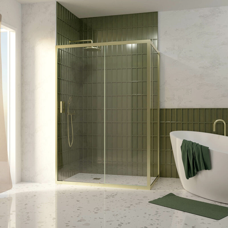 foto del prodotto porta doccia scorrevole 140x200cm e parete laterale fissa 90cm finitura oro spazzolato vetro 6mm