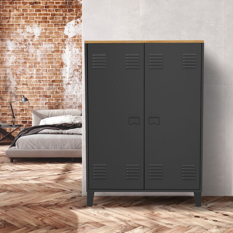 foto del prodotto ester armario de 2 puertas de metal negro con tapa de madera de dise o industrial