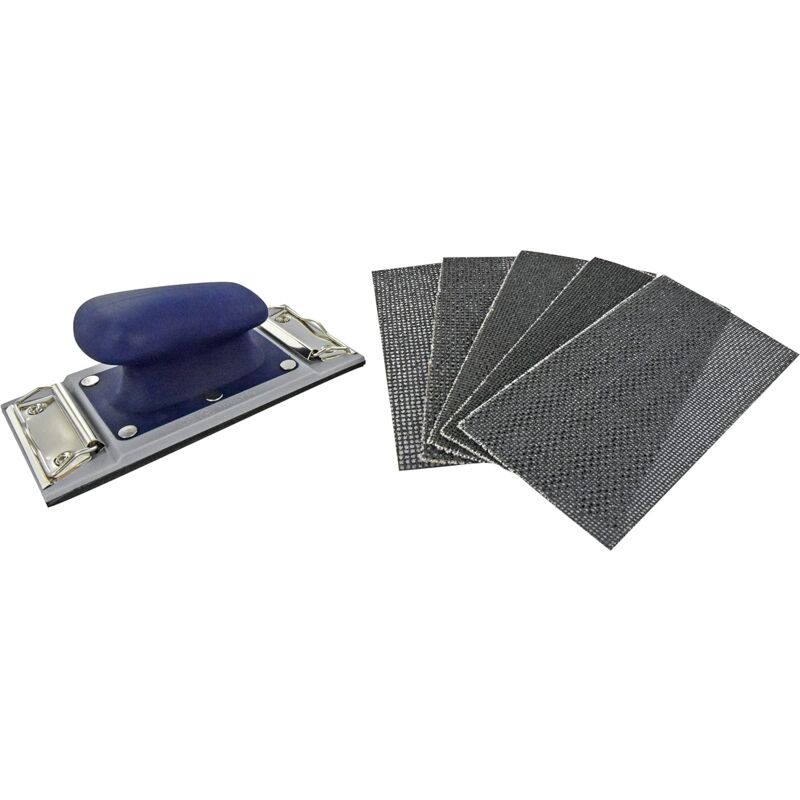 foto del prodotto lotto blocco abrasivo rettangolare 92x185mm autobloccante e morsetto, ergonomico 5 fogli abrasivi 92x185mm mesh carburo di silicio grane assortite