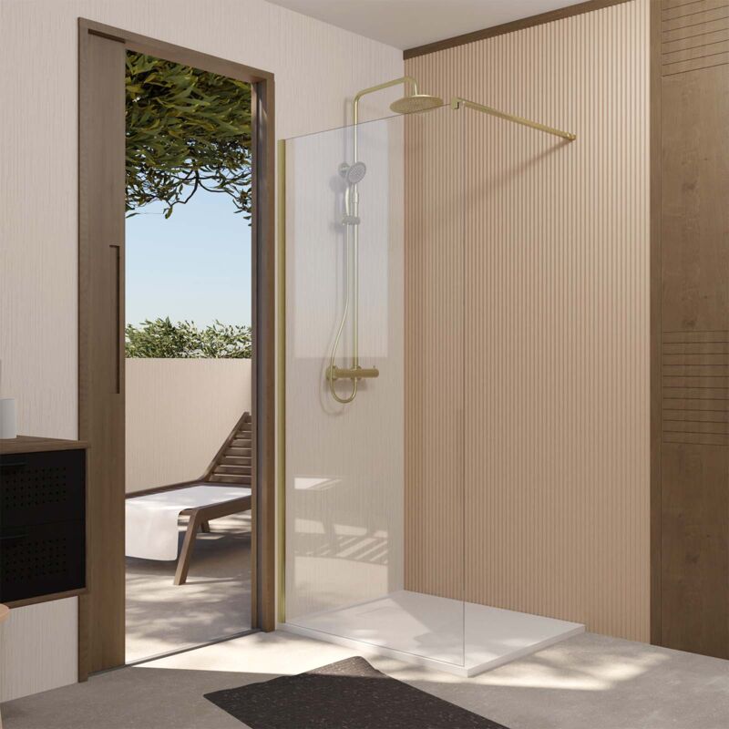 foto del prodotto aurlane parete per doccia 100x195cm vetro 5 mm e finitura oro dorato spazzolato gold elementary