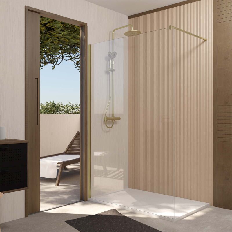 foto del prodotto aurlane parete per doccia 140x195cm vetro 5 mm e finitura oro dorato spazzolato gold elementary