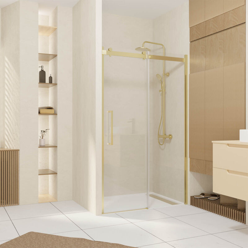 foto del prodotto porta doccia scorrevole tipo industriale 120x200 cm oro dorato spazzolato vetro temperato 6 mm