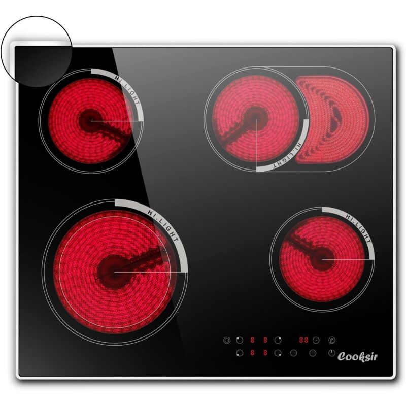 foto del prodotto piano cottura in vetroceramica, 4 zone di cottura elettrico autarchico da incasso con zone dual e ovale, 6700w, blocco bambini, senza spina