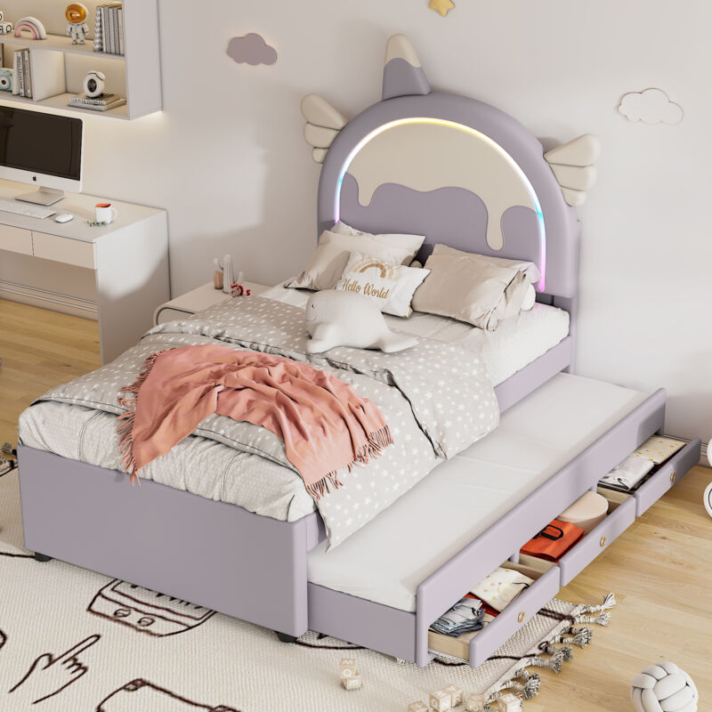 foto del prodotto letto singolo per bambini con letto estraibile, 90 x 200 cm, motivo unicorno, viola