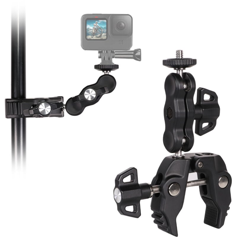 foto del prodotto supporto a morsetto per fotocamera e fotocamera sportiva gopro