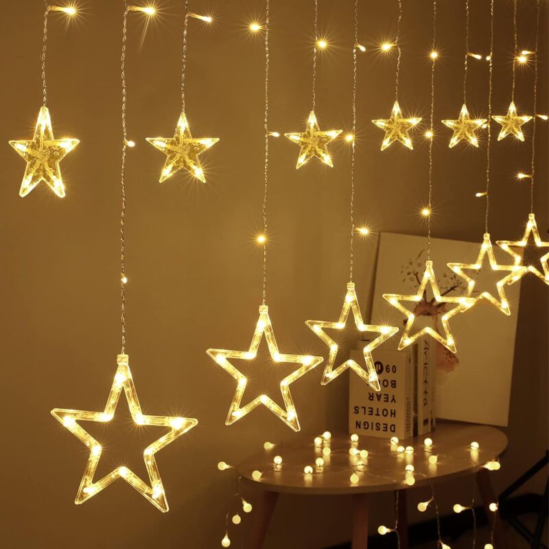 foto del prodotto bleosan tenda luminosa da 3 m, stella, luce bianca calda, ghirlanda, finestra, natale, interni, usb, led, decorazione natalizia, luminoso giardino