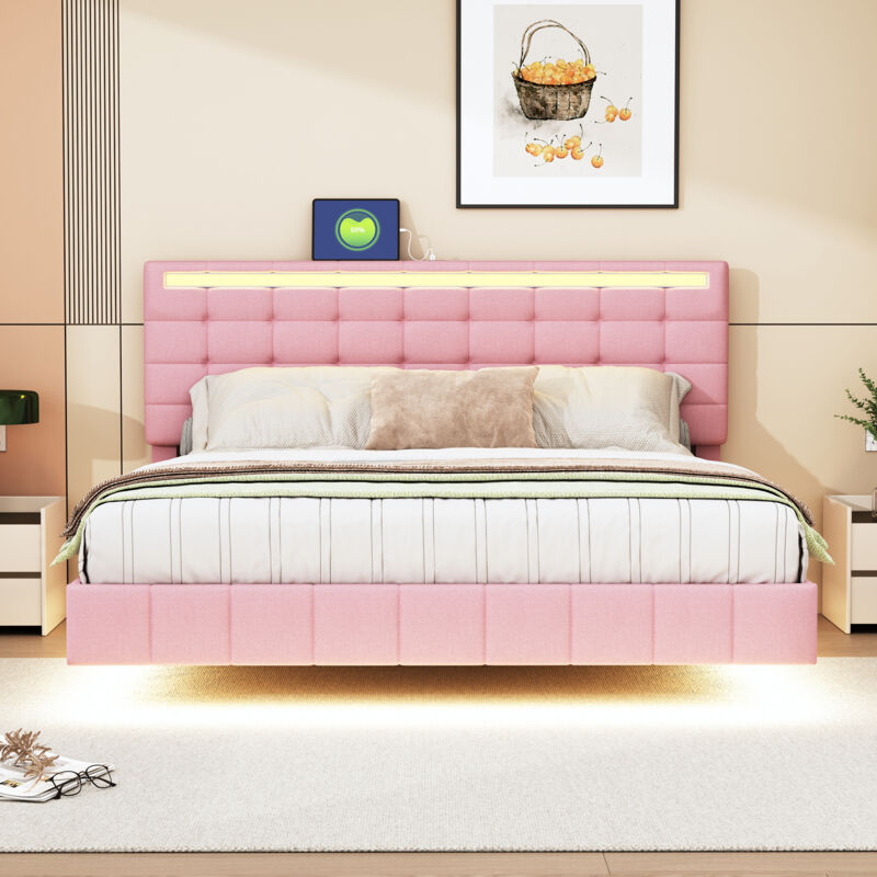 foto del prodotto letto per adulti 160x200 cm, letto a led per adulti, letto imbottito rosa con testiera, in lino rosa delicato sulla pelle, senza materasso