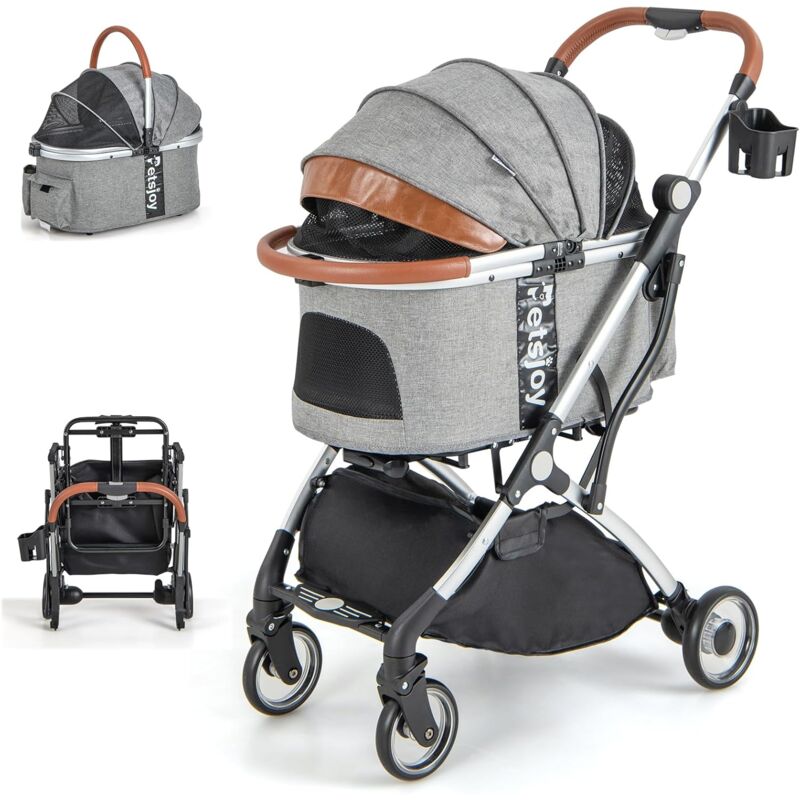 foto del prodotto costway passeggino per animali 3 in 1, passeggino per cani gatti pieghevole con copertura impermeabile, carrello pieghevole per animali domestici