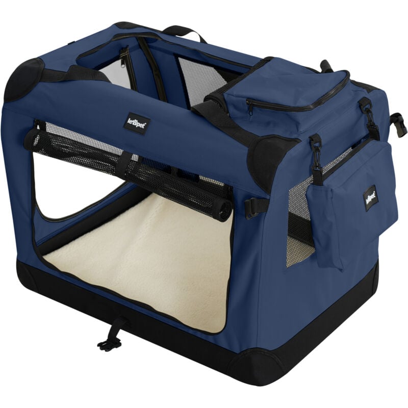 foto del prodotto leopet trasportino per cane pieghevole, taglia xxl, resistente, tubo in acciaio, traspirante, manici, tasche, blu marino gabbia, scatola,