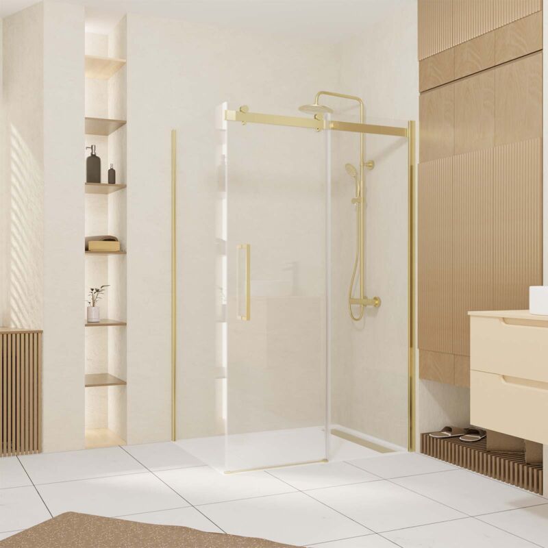 foto del prodotto parete laterale fissa 90x200 cm oro dorato spazzolato vetro temperato 6 mm