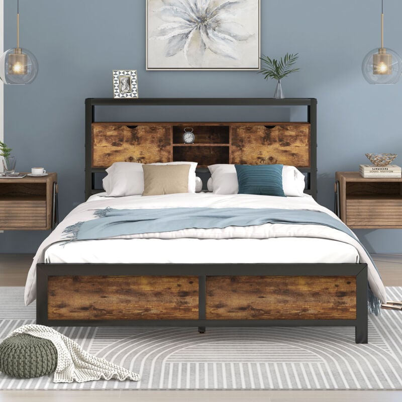 foto del prodotto letto per adulti, con testiera contenitore, legno e metallo, naturale 140x200 cm