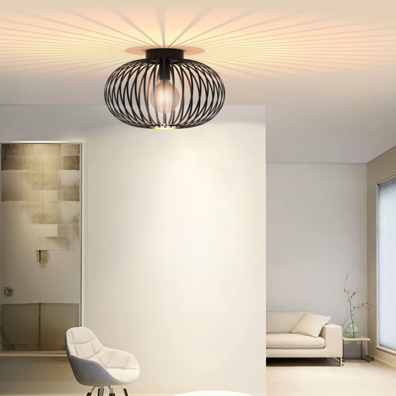 foto del prodotto oihpaw lampada da soffitto vintage plafoniera, plafoniera vintage e27 lampadario soffitto industriale metallo gabbia ferro nero, plafoniera rotonda