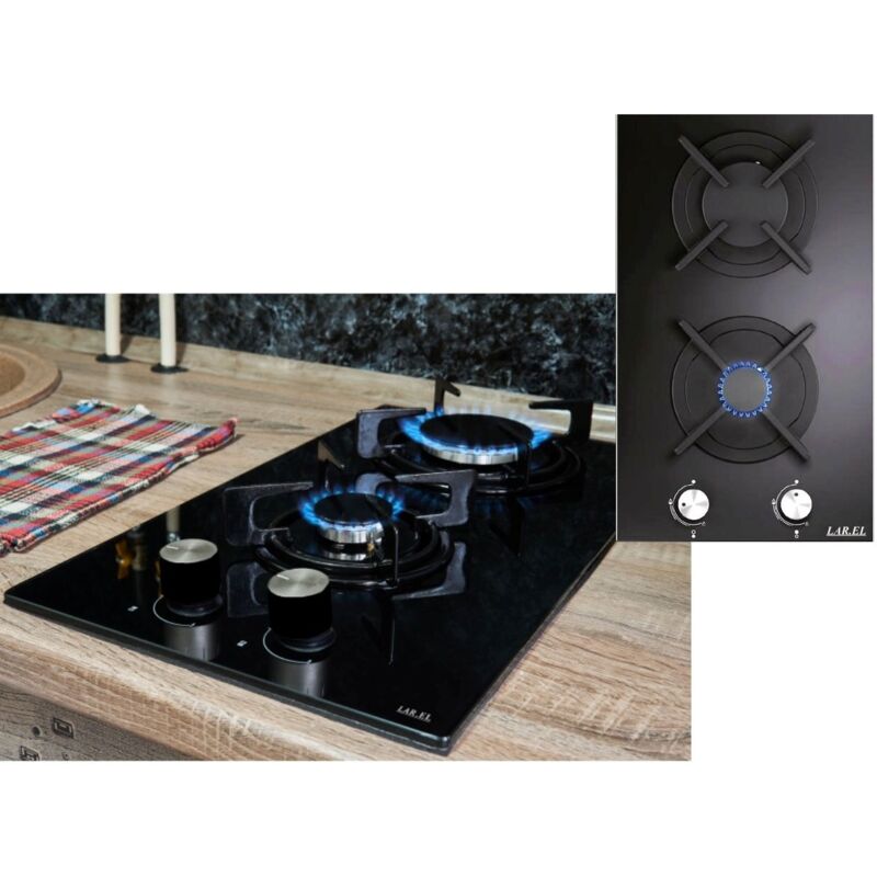 foto del prodotto piano cottura 2 fuochi a gas piano vetro ceramica larel griglie ghisa sicurgas
