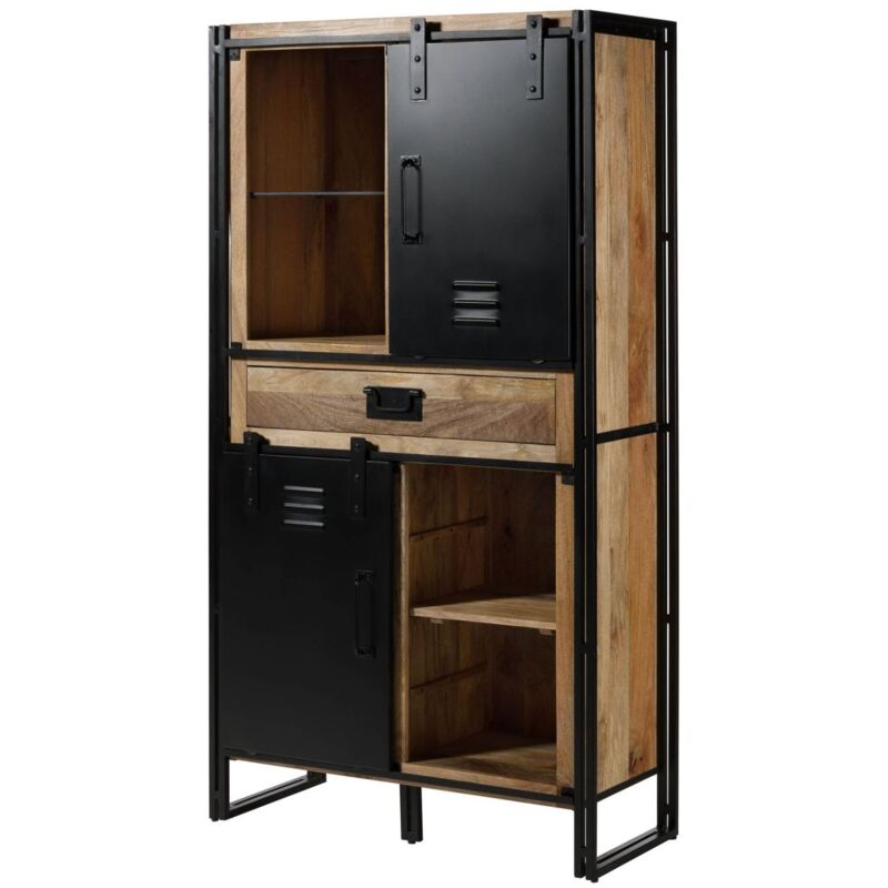 foto del prodotto massivmoebel24 vetrina in legno di mango 105x45x195 laccato chiaro naturale ferro nero blackburn 105