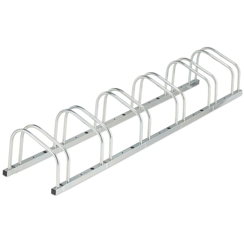 foto del prodotto relaxdays portabici da terra, supporto per 6 biciclette, e bike, parcheggio ruote fino 50 mm, 26x168x33,5 cm, argentato