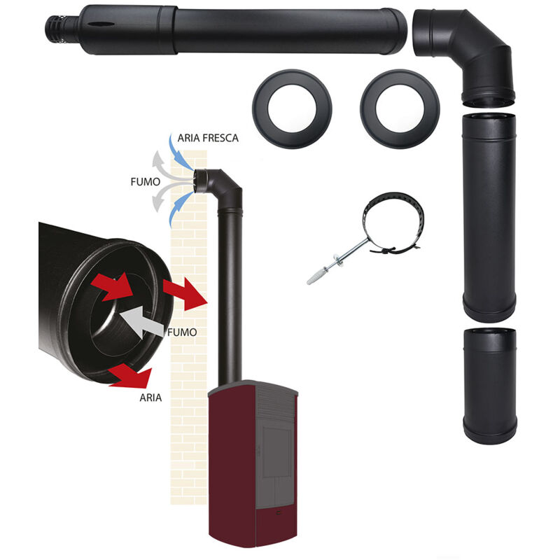 foto del prodotto kit tubi canna fumaria stufa pellet con uscita coassiale superiore dn 80 125 scarico fumi aspirazione aria made in italy