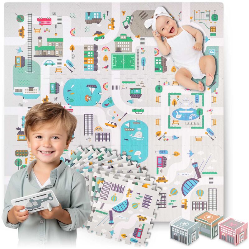 foto del prodotto tappetino puzzle in schiuma 120x120 cm personaggi in schiuma nukido town