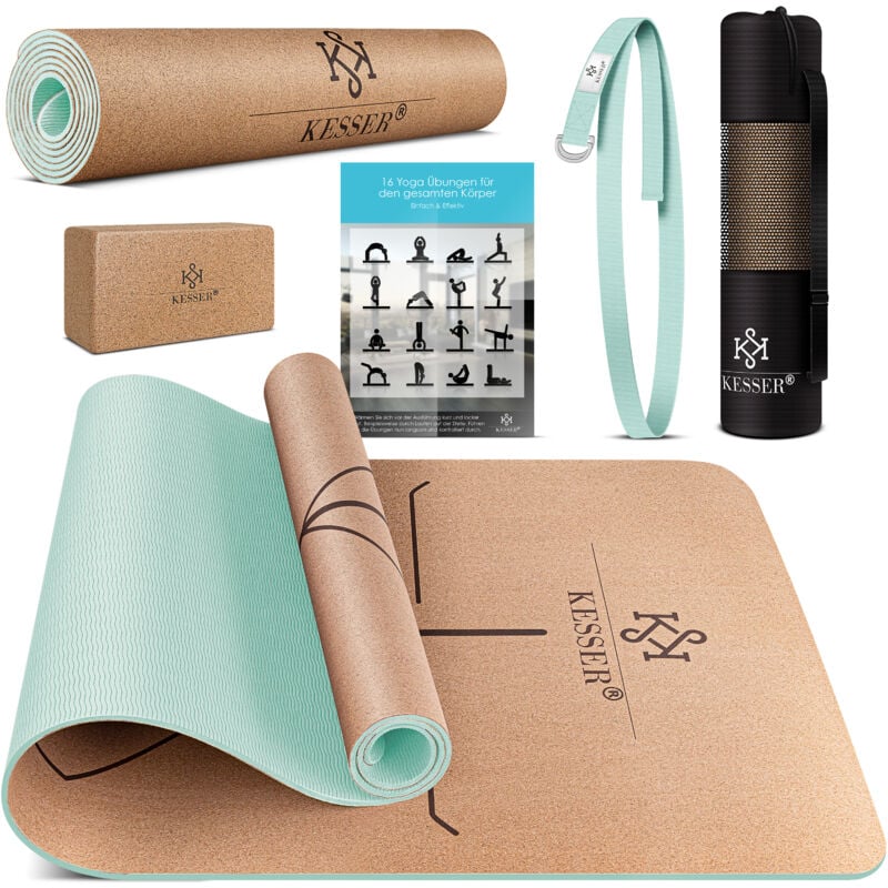 foto del prodotto kesser tappetino da yoga in sughero con borsa per il trasporto e tappetino da ginnastica yoga block tappetino da yoga antiscivolo in gomma naturale