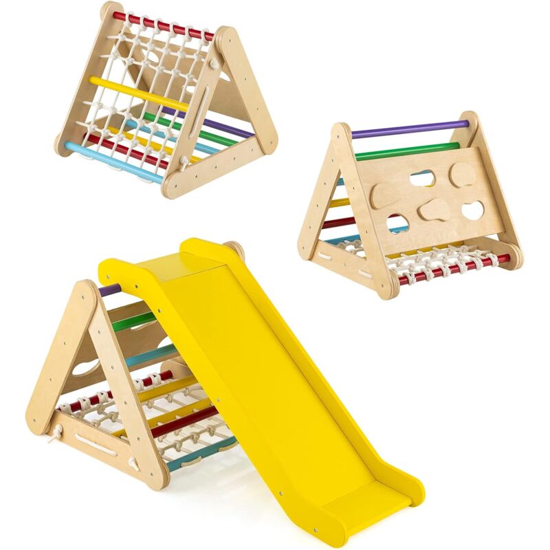 immagine 0 del prodotto costway set 4 in1 arrampicata per bambini, arrampicata a triangolo con scivolo, set di arrampicata in legno per interni e esterni con rete di