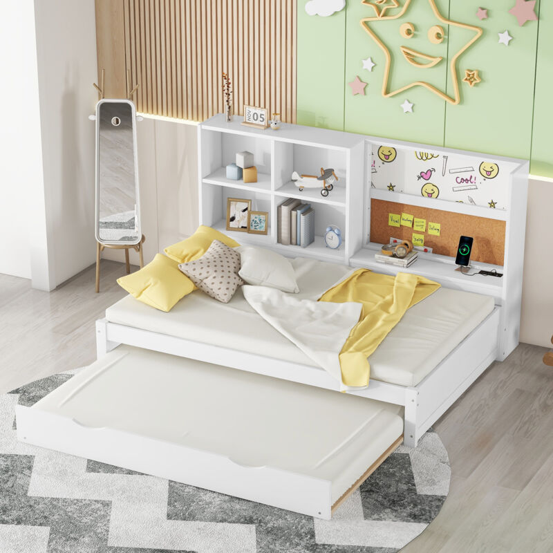 foto del prodotto letto estraibile per bambini 90 x 200 cm con porta di ricarica usb, tavolo da disegno, pi spazi di archiviazione, bianco