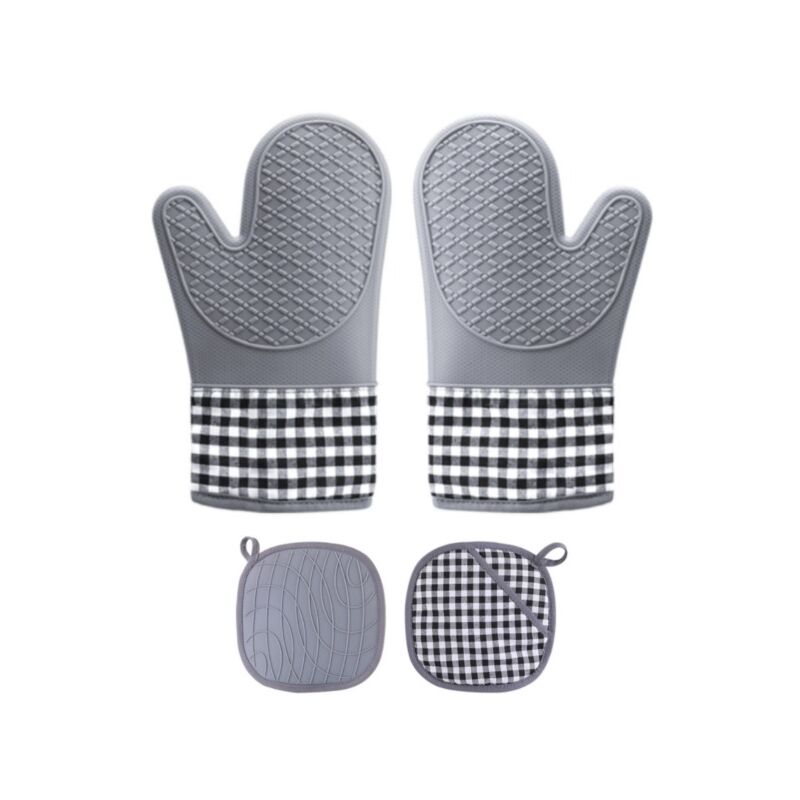 foto del prodotto fortuneville guanti da forno, guanti da forno antiscivolo resistenti al calore in silicone, presine per barbecue, cucina grigio 2 guanti 1