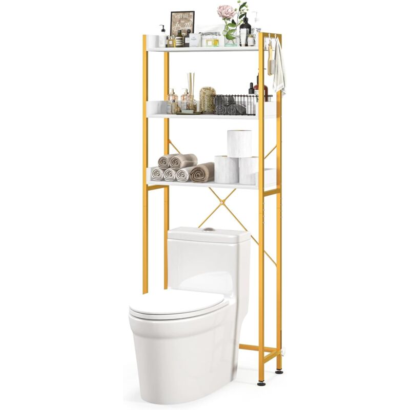 foto del prodotto goplus scaffale da bagno, organizzatore da bagno sopra il water, dispositivo antiribaltamento, pannello impermeabile, struttura metallica salvaspazio