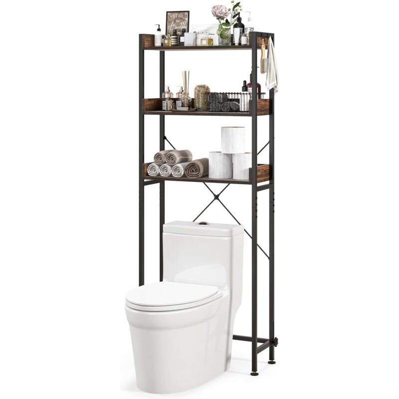 foto del prodotto scaffale da bagno, organizzatore da bagno sopra il water, dispositivo antiribaltamento, pannello impermeabile, struttura metallica salvaspazio
