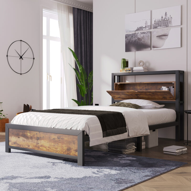 foto del prodotto letto per adulti, con testiera contenitore, legno e metallo, naturale 90x200 cm