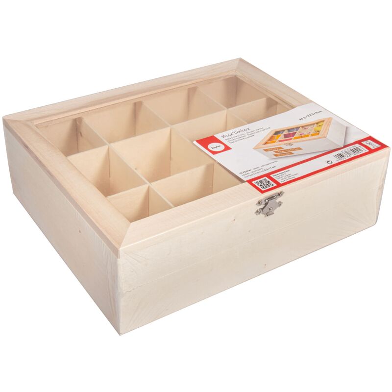 foto del prodotto rayher 62972505 scatola porta bustine t tisane in legno grezzo naturale, 28.5x23.5x9cm, 12 scomparti, coperchio in vetro acrilico, decorare e