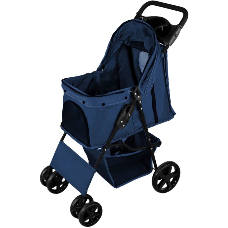 foto del prodotto monster shop passeggino per animali blu navy pieghevole 15kg 4 ruote gatto cane gancio di sicurezza cuscino tettuccio finestre in rete cestino