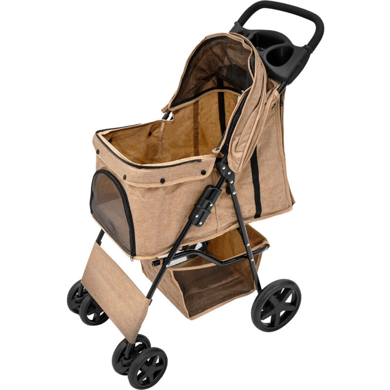foto del prodotto monster shop passeggino per animali beige pieghevole 15kg 4 ruote gatto cane gancio di sicurezza cuscino tettuccio finestre in rete cestino