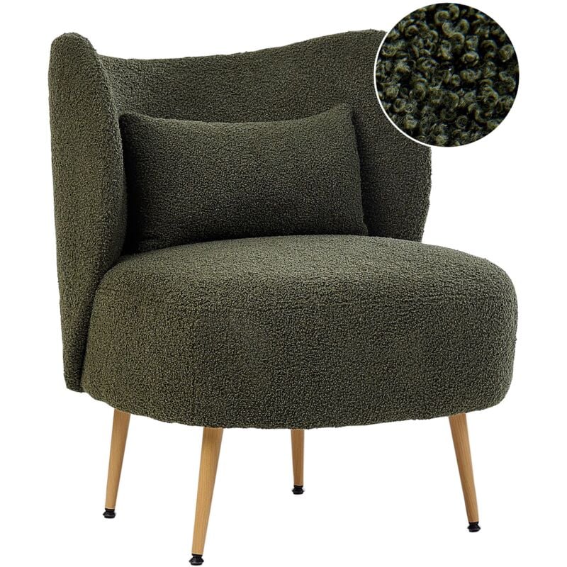 foto del prodotto poltrona soggiorno seduta schienale curvo design glam tappezzeria boucle legno chiaro gambe in metallo verde scuro otsby ii