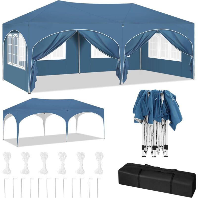 foto del prodotto gazebo da giardino tendone tenda per festa party con pannelli laterali 3x6 m blu woltu