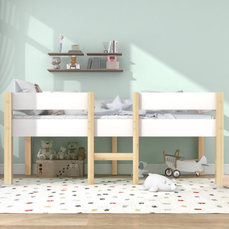 foto del prodotto letto per bambini con protezione anticaduta, legno di pino massiccio, 90x190 cm, bianco e rovere okwish