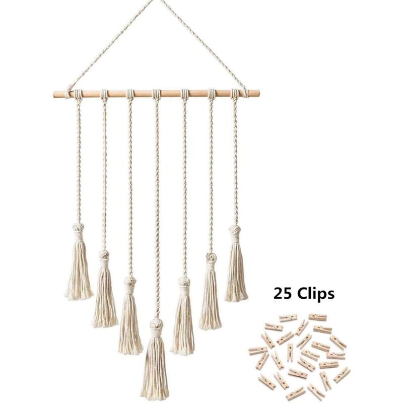 foto del prodotto portafoto da appendere in macram , organizer per foto a parete, decorazione per la casa boh mien con 25 clip in legno, beige