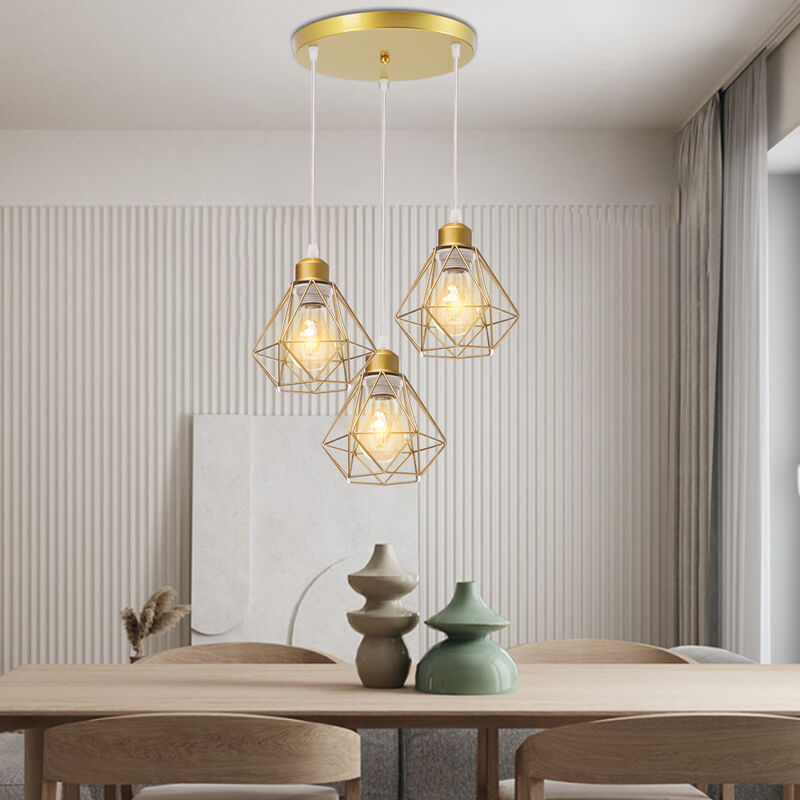 foto del prodotto 3 luci industriale vintage lampada a sospensione paralume diamante in ferro lampadario per soggiorno sala da pranzo camera da letto oro
