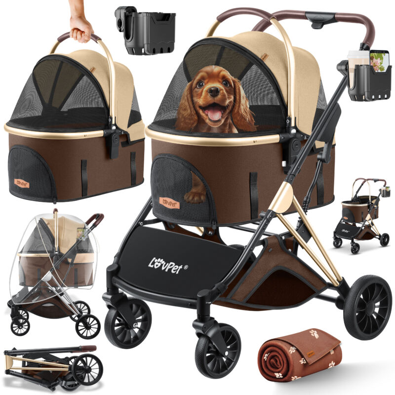 foto del prodotto lovpet passeggino per cani 3in1 dog buggy box borsa per il trasporto di animali domestici con ruote grandi a 360 , pieghevole, con finestrini a