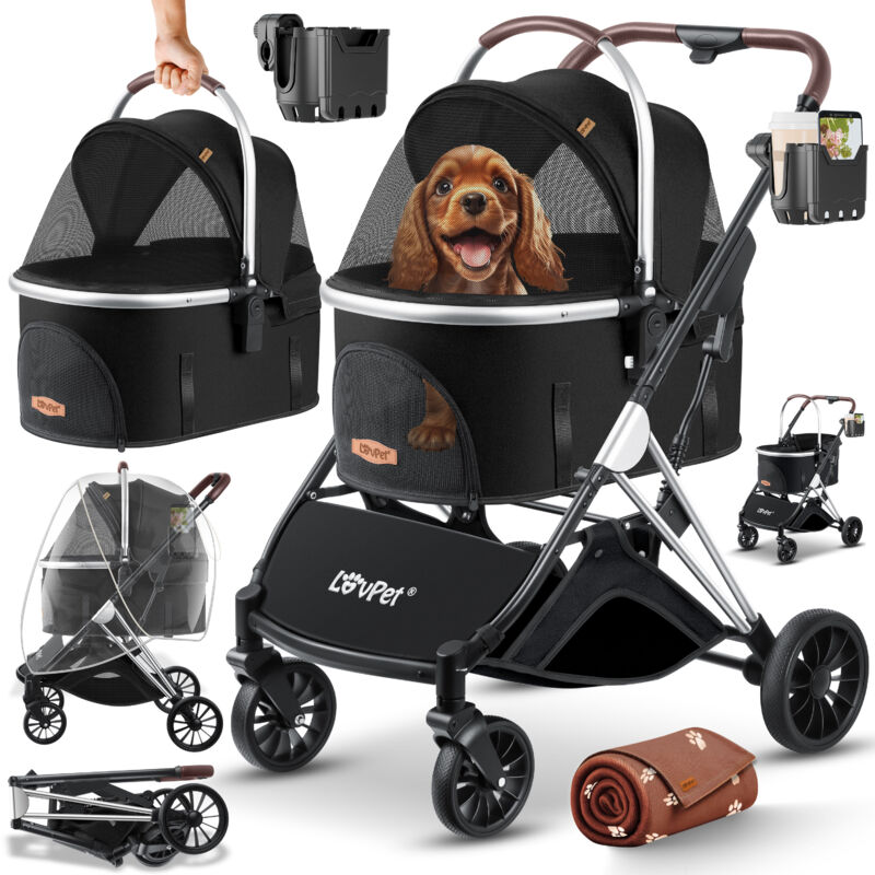 foto del prodotto lovpet passeggino per cani 3in1 dog buggy box borsa da trasporto per cani 360 ruote grandi buggy pieghevole per animali domestici con finestre a