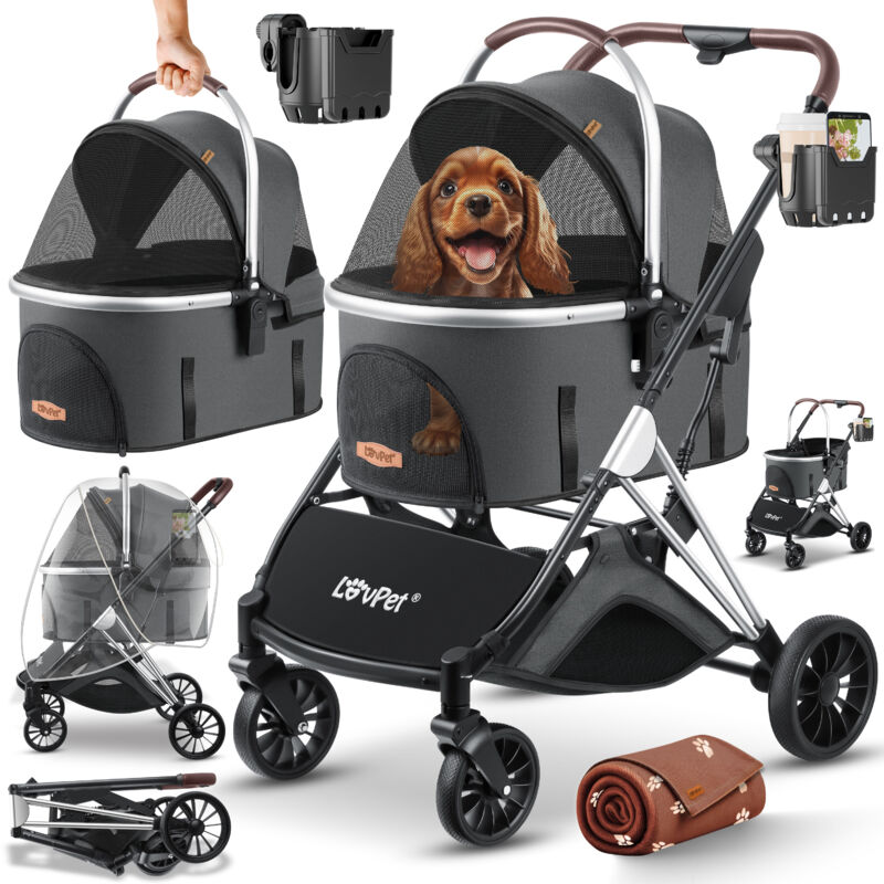 foto del prodotto lovpet passeggino per cani 3in1 dog buggy borsa per il trasporto del box per cani 360 ruote grandi buggy pieghevole per animali domestici con