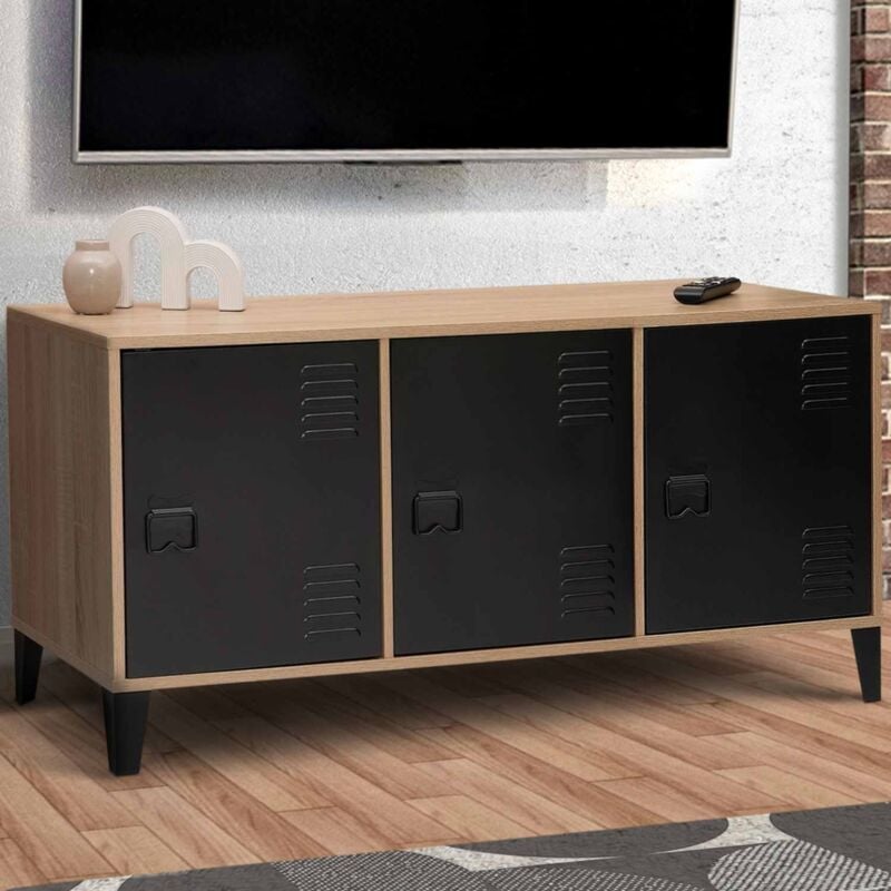 foto del prodotto credenza bassa ester 113 cm, legno, 3 ante in metallo nero, design industriale