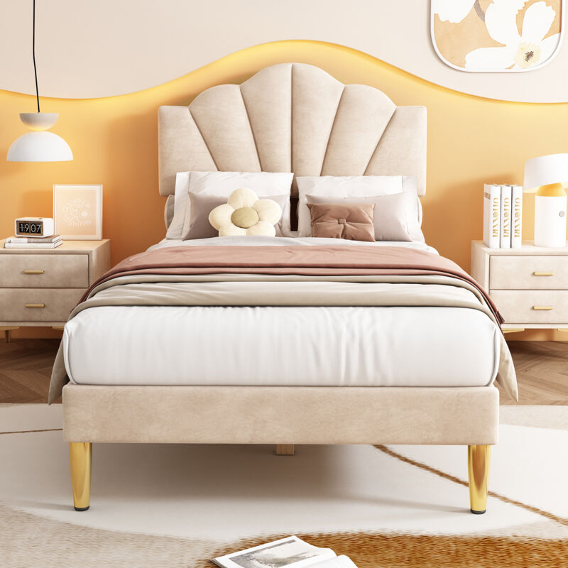 foto del prodotto letto per adulti letto singolo letto per bambini 90 x 200 cm a forma di conchiglia. beige