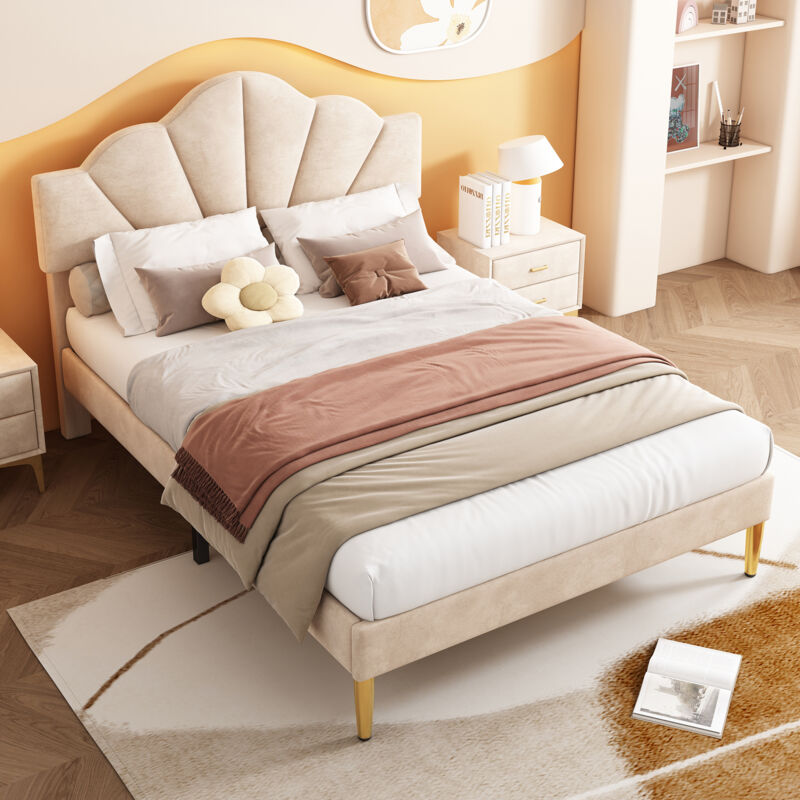 foto del prodotto letti per adulti 140x190 cm, lettino per bambini imbottito, piedini dorati, testiera regolabile in altezza, velluto, senza materasso, beige