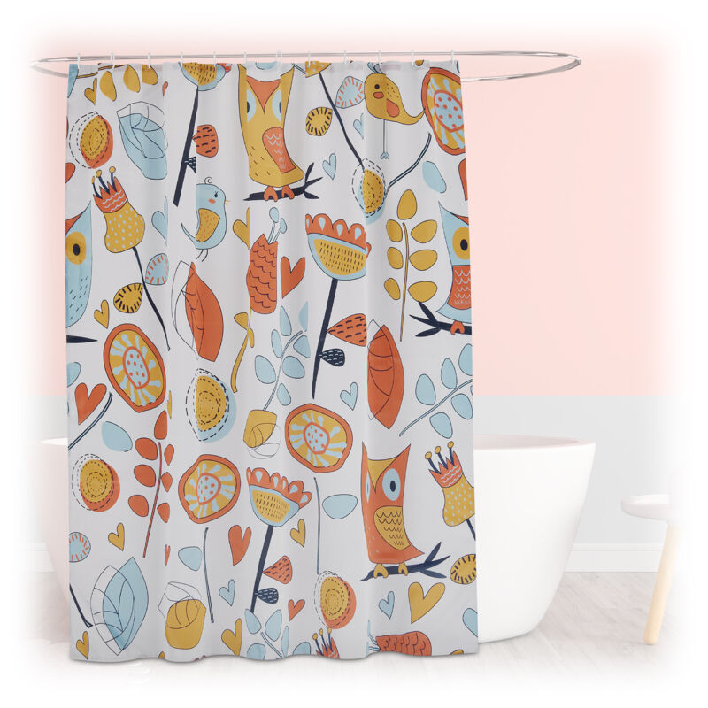 foto del prodotto relaxdays tenda da doccia antimuffa, 180x200 cm, tendina vasca da bagno, 12 anelli, poliestere lavabile, design gufi