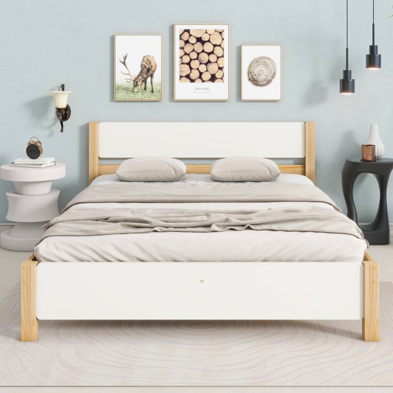foto del prodotto letto per adulti letto matrimoniale letto in legno 140 x 200 cm con testiera e pediera, bianco e naturale