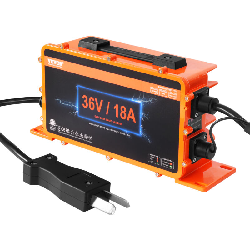 foto del prodotto vevor caricabatteria per carrello da golf da 36 volt 18 amp, caricabatteria auto smart club spina crowfoot, compatibile batterie piombo agm gel efb